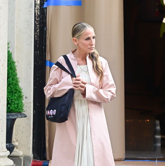 new york, ny   august 09  sarah jessica parker is seen on the set of and just like that the follow up series to sex and the city on the upper east side on august 9, 2021 in new york city  photo by raymond hallgc images
