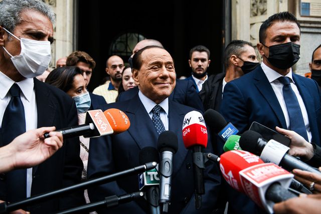 milan, italy   october 3 forza italia president silvio berlusconi talks to the press after casting his vote for the mayoral elections in milan, italy on october 3, 2021 photo by piero cruciattianadolu agency via getty images