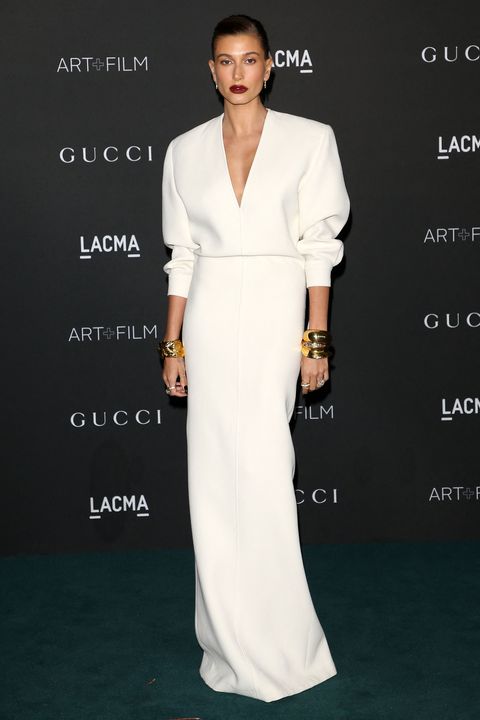 us model hailey bieber arrives for the 10th annual lacma artfilm gala at the los angeles county museum of art lacma in los angeles, california on november 6, 2021 photo by michael tran  afp photo by michael tranafp via getty images