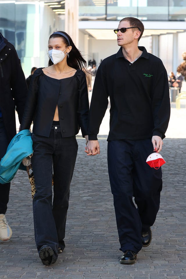 milan, italy sanday february 27nd 2022 bella hadid is seen with boyfriend marc kalman during the milan fashion week fallwinter 20222023 on february 27, 2022 in milan, italy photo by robino salvatoregc images