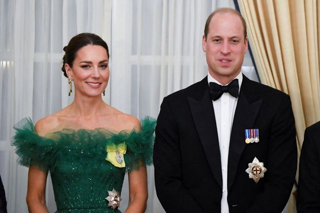 kingston, jamaica   march 23  catherine, duchess of cambridge and prince william, duke of cambridge attend a dinner hosted by the governor general of jamaica at kings house on march 23, 2022 in kingston, jamaica the duke and duchess of cambridge are visiting belize, jamaica and the bahamas on behalf of her majesty the queen on the occasion of the platinum jubilee the 8 day tour takes place between saturday 19th march and saturday 26th march and is their first joint official overseas tour since the onset of covid 19 in 2020 photo by toby melville   poolgetty images