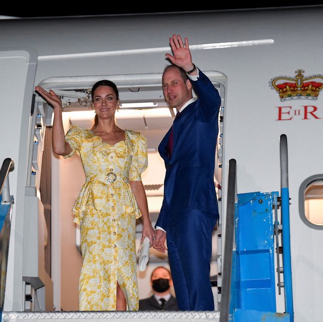 nassau, bahamas   march 26 catherine, duchess of cambridge and prince william, duke of cambridge wave from their aircraft during the departure ceremony at lynden pindling international airport on march 26, 2022 in nassau, bahamas, at the end of their eight day tour the duke and duchess of cambridge have visited belize, jamaica and the bahamas on behalf of her majesty the queen on the occasion of the platinum jubilee  photo by toby melville   poolgetty images
