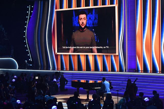 ukraine's president volodymyr zelenskyy appears on screen during the 64th annual grammy awards at the mgm grand garden arena in las vegas on april 3, 2022 photo by valerie macon  afp photo by valerie maconafp via getty images