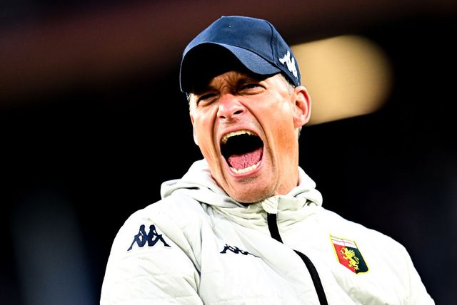 genoa, italy   april 24 alexander blessin head coach of genoa celebrates after the serie a match between genoa cfc and cagliari calcio at stadio luigi ferraris on april 24, 2022 in genoa, italy photo by getty images