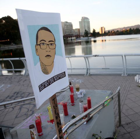 a memorial to sean monterrosa, george floyd and other victims of police violence is seen at lake merritt in oakland, calif, on monday, june 8, 2020