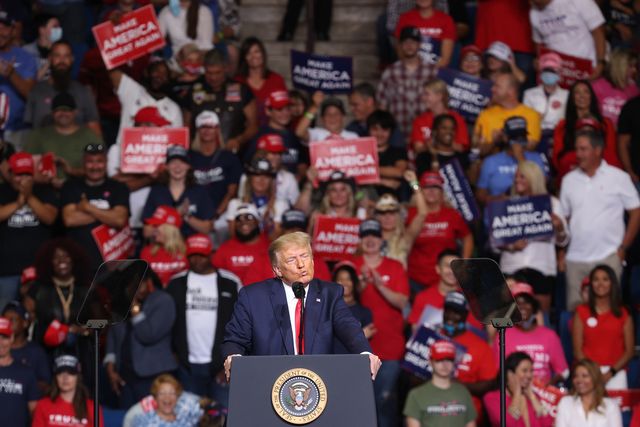 tulsa, oklahoma   june 20 us president donald trump speaks at  a campaign rally at the bok center, june 20, 2020 in tulsa, oklahoma trump is holding his first political rally since the start of the coronavirus pandemic at the bok center today while infection rates in the state of oklahoma continue to rise photo by win mcnameegetty images