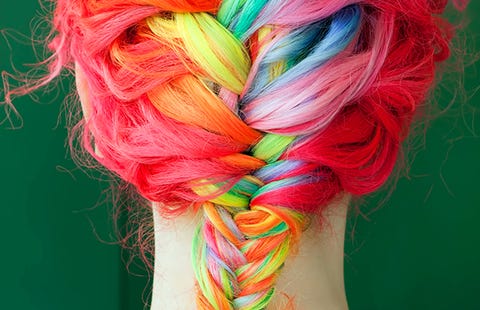 Hairstyle, Green, Yellow, Colorfulness, Red, Magenta, Orange, Pink, Style, Hair coloring, 