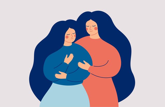 friends and family support a young woman comforts her best friend from stress and depression the mother supports her daughter in a difficult situation vector illustration