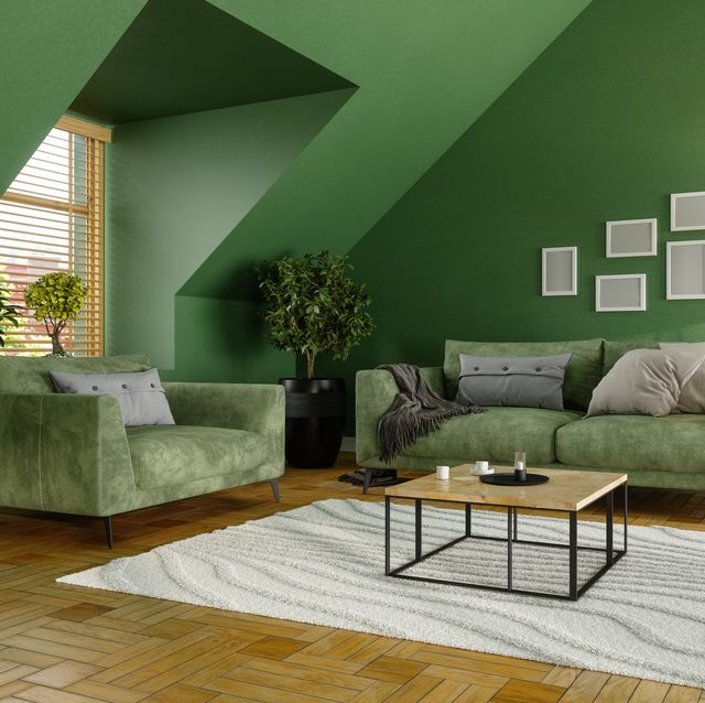 green living room with green sofa, coffee tables and plants