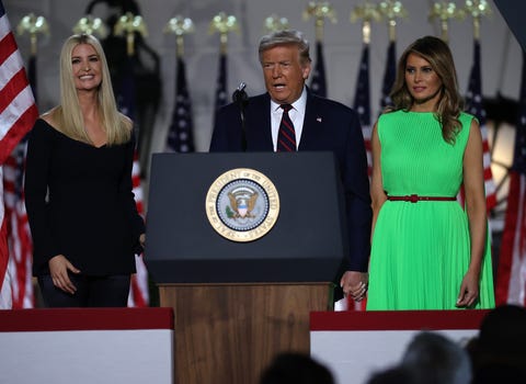 washington, dc   august 27  us president donald trump and first lady melania trump is introduced by his daughter and white house senior adviser, ivanka trump, as he prepares to deliver his acceptance speech for the republican presidential nomination on the south lawn of the white house august 27, 2020 in washington, dc trump gave the speech in front of 1500 invited guests  photo by chip somodevillagetty images