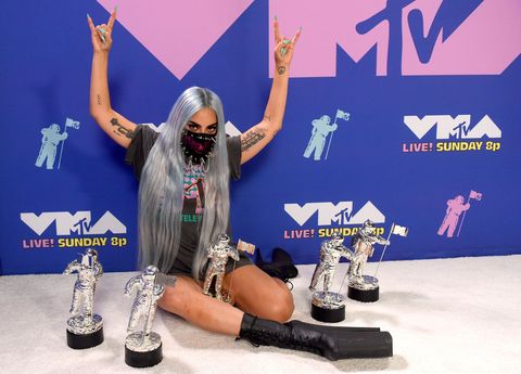 unspecified   august 2020 editors note this image has been digitally altered lady gaga poses with her awards during the 2020 mtv video music awards, broadcast on sunday, august 30th 2020 photo by kevin wintermtv vmas 2020getty images for mtv