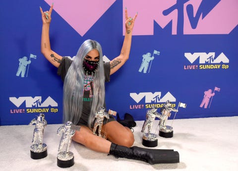 unspecified august 2020 editors note this image has been digitally altered lady gaga poses with her awards during the 2020 mtv video music awards, broadcast on sunday, august 30th 2020 photo by kevin wintermtv vmas 2020getty images for mtv
