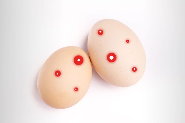 two eggs with red spots on them