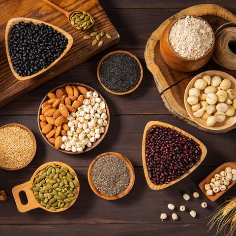 top angel shot of assorted of cereal bowls and seed bags on wood in san francisco, ca, united states