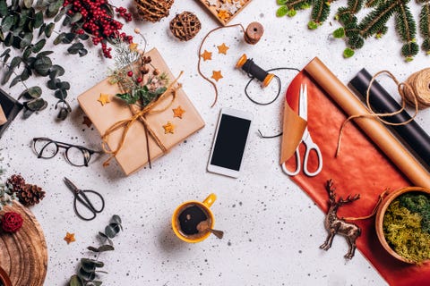 Christmas gift and decorations on table