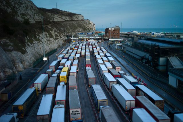 dover, england   january 22 freight queues at dover port on january 22, 2021 in dover, england since brexit, new requirements for eu transport firms to provide tens of thousands of pounds worth of vat and tariff guarantees have left hauliers refusing contracts to carry loads for small and medium sized businesses from the uk  photo by dan kitwoodgetty images