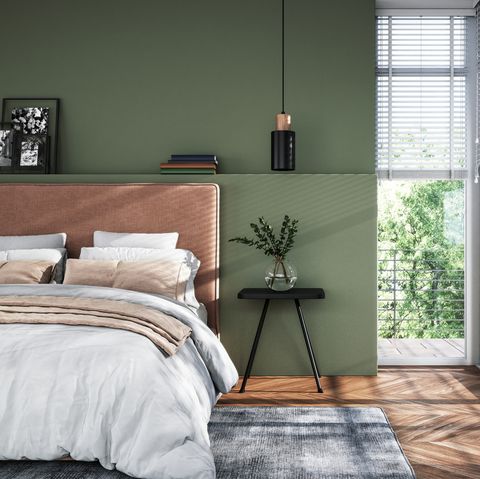 modern interior of bedroom with green wall, 3d render