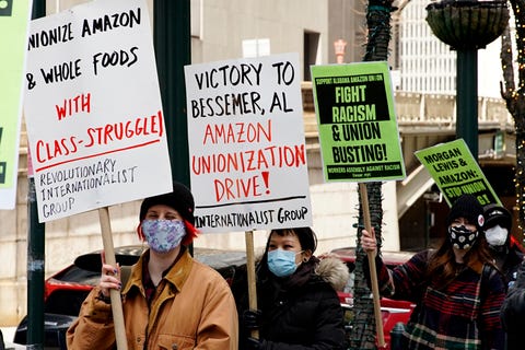 new york, ny march 04 people protest in support of amazon workers in alabama on march 04, 2021 in new york city amazon is the second largest employer in the united states with 400,000 workers and about 13 million employees worldwide photo by emazviewpress