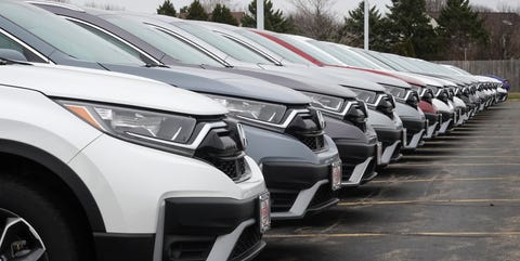 elgin, illinois   march 25 cars sit on the lot at the mcgrath honda dealership on march 25, 2021 in elgin, illinois covid related plant shutdowns over the past year, computer chip shortages, inclement weather, backups at shipping ports and strong demand have combined to cause shortages of new vehicles at dealerships across the country  photo by scott olsongetty images