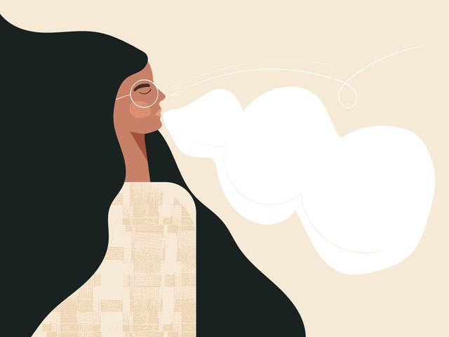 calm breathing woman with closed eyes african american female character practice deep breathing young modern girl doing inhale exhale breath exercise for stress relief flat  cartoon illustration