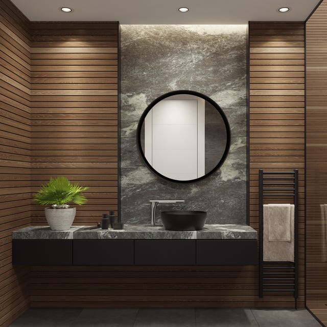 Modern minimalist bathroom with long wooden planks. Spa bathroom concept luxurious bathroom with natural stone tiles and wood planks