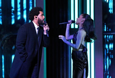 los angeles, california   may 27 editorial use only editors note this image has been retouched l r in this image released on may 27, the weeknd and ariana grande perform onstage at the 2021 iheartradio music awards at the dolby theatre in los angeles, california, which was broadcast live on fox on may 27, 2021 photo by kevin mazurgetty images for iheartmedia