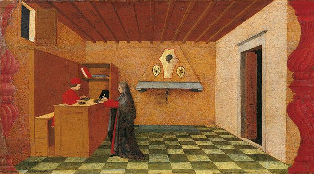 italy, marche, pesaro urbino, urbino, national gallery of marche detail miracle of the profaned host, first episode woman sale host man usurer jew counter shop floor squares hood fireplace door ceiling beams perspective red yellow green