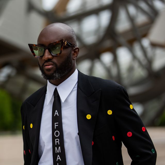 paris, france   july 05 virgil abloh is seen wearing tie and suit, white button shirt, sunglasses outside louis vuitton parfum hosts dinner at fondation louis vuitton on july 05, 2021 in paris, france photo by christian vieriggetty images