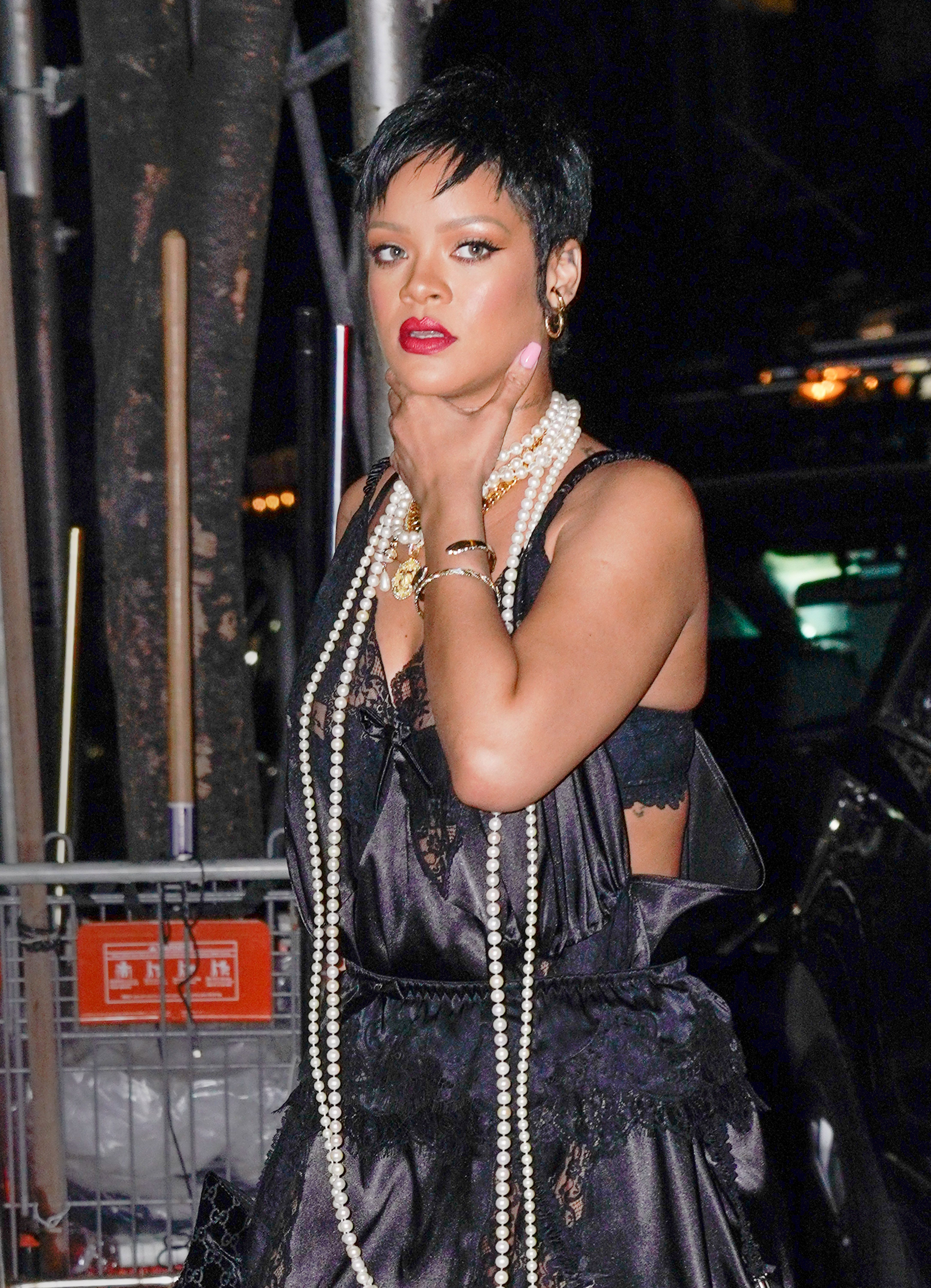 Rihanna Wears Black Lingerie And Pearls For Carbone Dinner