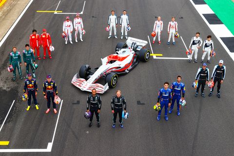 northampton, england   july 15 editors note image has been digitally retouched the f1 drivers pose for a photo as the prototype for the 2022 f1 season is unveiled during previews ahead of the f1 grand prix of great britain at silverstone on july 15, 2021 in northampton, england photo by dan istitene   formula 1formula 1 via getty images
