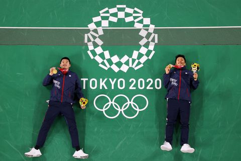 chofu, japan   july 31 gold medalists of mens doubles badminton event lee yangright and wang chi lin of team chinese taipei pose for photo on day eight of the tokyo 2020 olympic games at musashino forest sport plaza on july 31, 2021 in chofu, tokyo, japan photo by rob carrgetty images