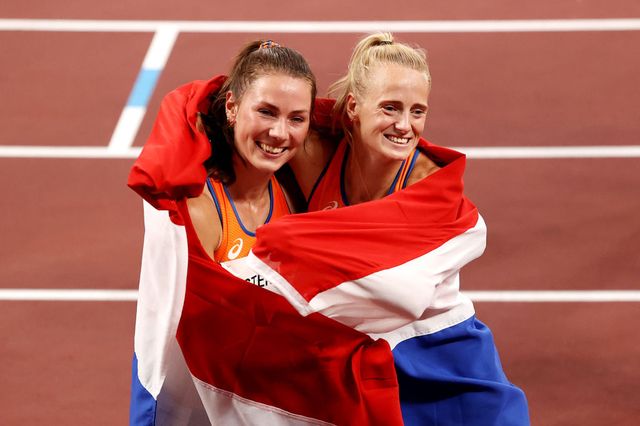 tokyo, japan   august 05 l r bronze medal winner emma oosterwegel of team netherlands and silver medal winner anouk vetter of team netherlands celebrate after the womens heptathlon on day thirteen of the tokyo 2020 olympic games at olympic stadium on august 05, 2021 in tokyo, japan photo by david ramosgetty images