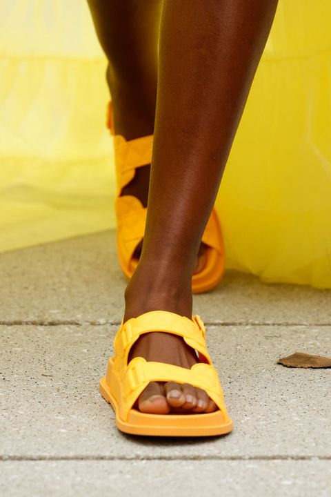 new york, new york   september 09 a model walks the runway, shoe detail, for dur doux during nyfw the shows at terrace at spring studios on september 09, 2021 in new york city photo by frazer harrisongetty images