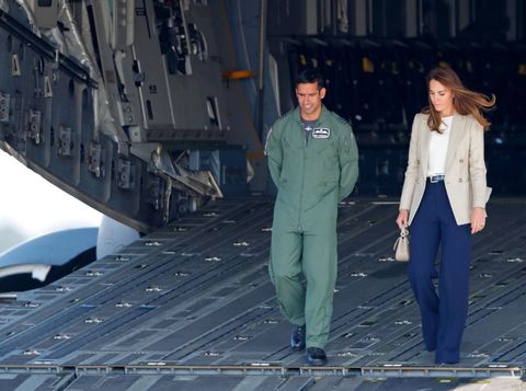 brize norton, united kingdom   september 15 embargoed for publication in uk newspapers until 24 hours after create date and time catherine, duchess of cambridge disembarks an raf boeing c 17 globemaster aeroplane as she visits raf brize norton to meets those who supported the uks evacuation of civilians from afghanistan on september 15, 2021 in brize norton, england operation pitting, the largest humanitarian aid operation for over 70 years, ran between 14th and 28th august, where in excess of 15,000 people were flown out of kabul by the royal air force photo by max mumbyindigogetty images
