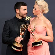 73rd Primetime Emmy Awards - Press Room los angeles, california september 19 l r brett goldstein, winner of the outstanding supporting actor in a comedy series award for ‘ted lasso,’ and hannah waddingham, winner of the outstanding supporting actress in a comedy series award for ‘ted lasso,’ pose in the press room during the 73rd primetime emmy awards at la live on september 19, 2021 in los angeles, california photo by rich furygetty images