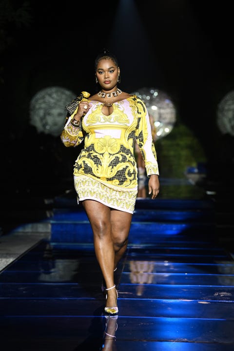 milan, italy september 26 precious lee walks the runway at the versace special event during the milan fashion week spring summer 2022 on september 26, 2021 in milan, italy photo by daniele venturellidaniele venturelli getty images