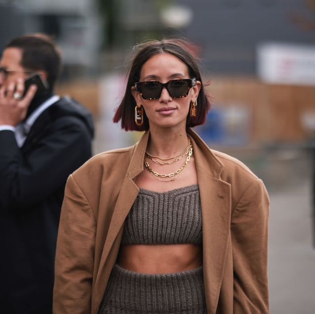 paris, france october 03 alexandra guerain wearing a brown coat and a brown two piece outside loréal on october 03, 2021 in paris, france photo by jeremy moellergetty images