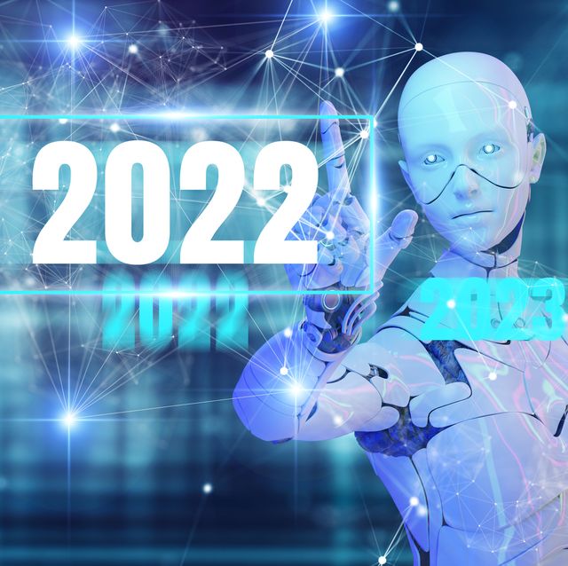 2022 new year hand pointing 3d humanoid robot, future futuristic ai artificial intelligence industry automated digital world metaverse technology concept