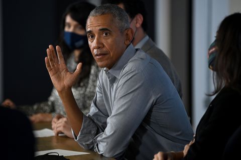 glasgow, scotland   november 08 former us president barack obama gestures as he speaks during a round table meeting at the university of strathclyde on november 08, 2021 in glasgow, scotland day nine of the 2021 climate summit in glasgow will focus on delivering the practical solutions needed to adapt to climate impacts and address loss and damage this is the 26th conference of the parties and represents a gathering of all the countries signed on to the un framework convention on climate change and the paris climate agreement the aim of this years conference is to commit countries to net zero carbon emissions by 2050 photo by jeff j mitchellgetty images