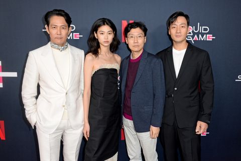 hollywood, california   november 08 l r lee jung jae, hoyeon jung, hwang dong hyuk, and park hae soo attend the squid game guild screening at neuehouse los angeles on november 08, 2021 in hollywood, california photo by vivien killileagetty images for netflix