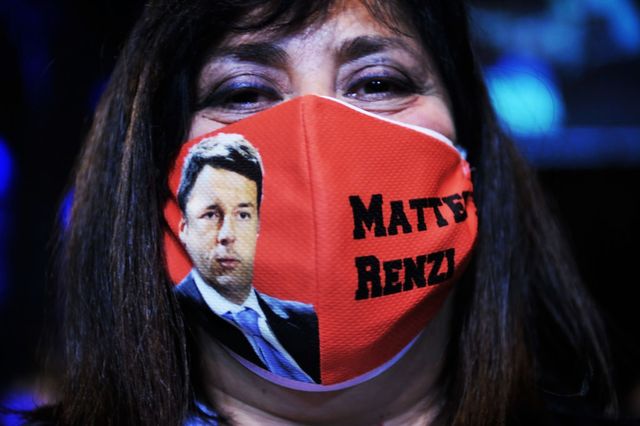 florence, italy   november 21 a supporter wears a matteo renzi anti covid mask during the meeting of the leopolda 11 on november 21, 2021 in florence, italy the leopolda is an annual public meeting to discuss italian politics, launched in 2010 by matteo renzi, then mayor of florence this year's event is the 11th edition of the convention called radio 11 leopolda matteo renzi criticized the investigation of the florence prosecutor's office on the open foundation which sees him under investigation for illicit financing a note from the italia viva on the program of the event reads "to discuss, discuss and meet again" the convention will run from november 19 21 photo by laura lezzagetty images