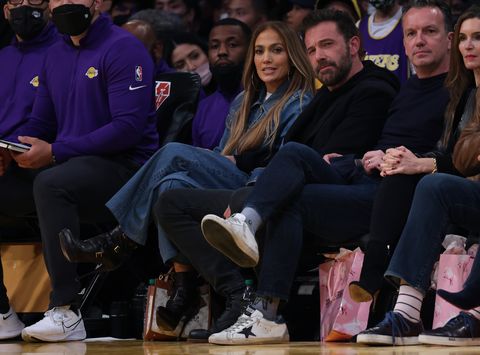los angeles, california   december 07 jennifer lopez and ben affleck watch the game between the boston celtics and the los angeles lakers at staples center on december 07, 2021 in los angeles, california  note to user user expressly acknowledges and agrees that, by downloading andor using this photograph, user is consenting to the terms and conditions of the getty images license agreement mandatory copyright notice copyright 2021 nbae photo by harry howgetty images