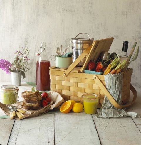 Picnic Basket with Food and Flowers