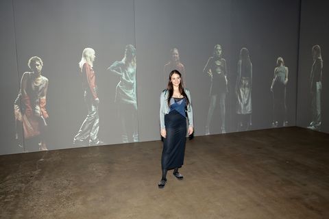New York, NY – Designer Maisie Wylen poses during her presentation at the New York Fashion Week show at the Chelsea Factory in New York City on February 12, 2022.