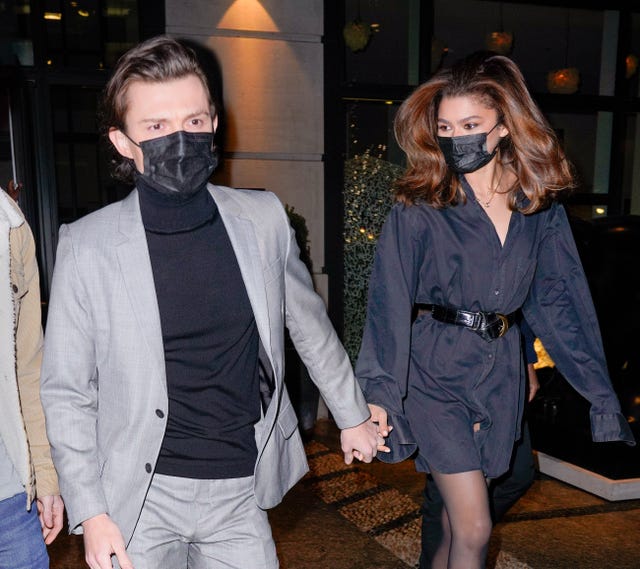 new york, new york february 16 tom holland and zendaya are seen departing their hotel on february 16, 2022 in new york city photo by gothamgc images