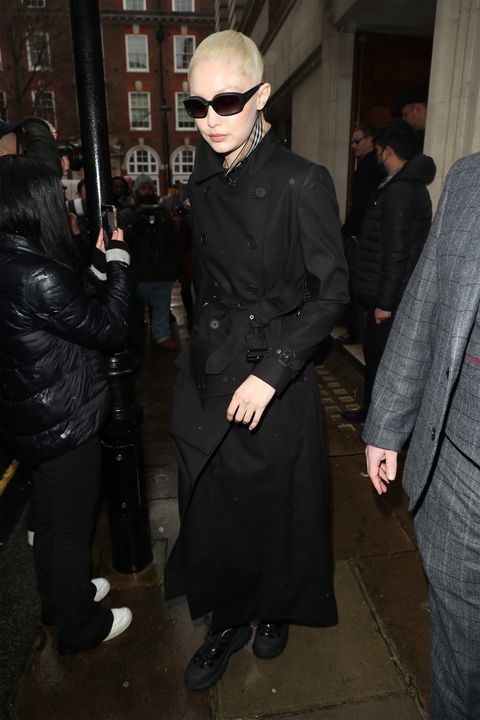 London, UK March 11 Gigi Hadid departs Central Hall Westminster after walking the presentation of the Barberry aw 2023 Women's Clothing Collection in London on March 11, 2022.