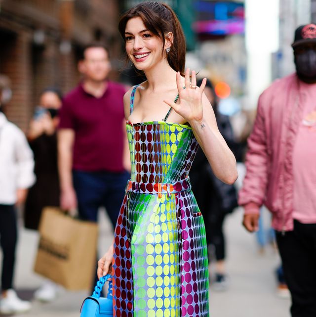 new york, new york   march 15 anne hathaway is seen outside the stephen colbert show on march 15, 2022 in new york city photo by gothamgc images