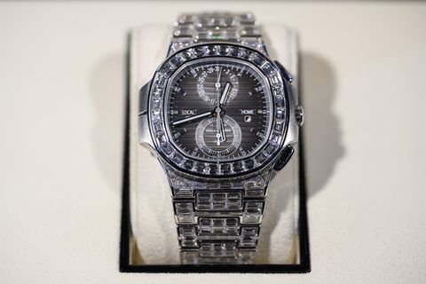 london, england march 19 a patek philippe nautilus travel time chronograph full diamond 59901400g £21m is seen on sale at the london watch show on march 19, 2022 in london, england billed as london's largest ever watch show, the london watch show 2022 includes display stands for luxury watch dealers, manufacturers and watch lover lifestyle products the event runs march 18 20 at the grosvenor house hotel on park lane, london photo by leon nealgetty images