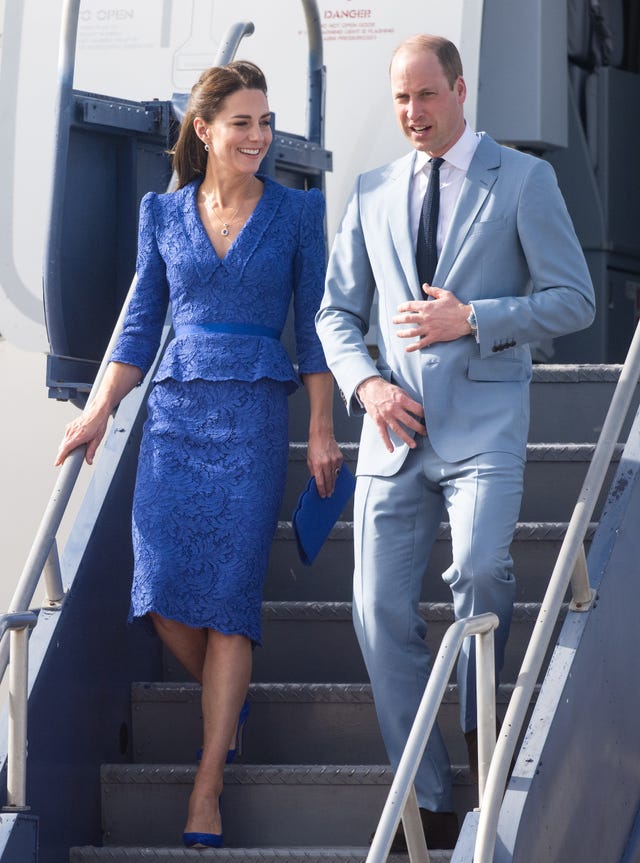 belize city, belize march 19 catherine, duchess of cambridge and prince william, duke of cambridge arrive at philip s w goldson international airport to start their royal tour of the caribbean on march 19, 2022 in belize city, belize photo by samir husseinwireimage