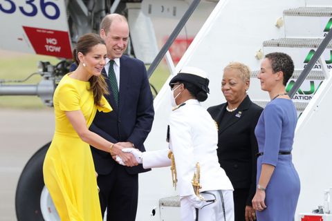 kingston, jamaica march 22 catherine, duchess of cambridge and prince william, duke of cambridge during the official arrival at norman manley international airport on march 22, 2022 in kingston, jamaica the duke and duchess of cambridge are visiting belize, jamaica and the bahamas on on behalf of her majesty the queen on the occasion of the platinum jubilee the 8 day tour takes place between saturday 19th march and saturday 26th march and is their first joint official overseas tour since the onset of covid 19 in 2020 photo by chris jacksongetty images